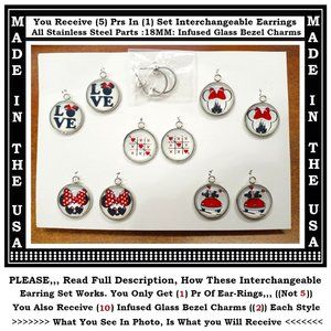 5/$20 Mickey&Minnie Infused Glass Interchangeable Charm Earrings-5 Pairs in Set